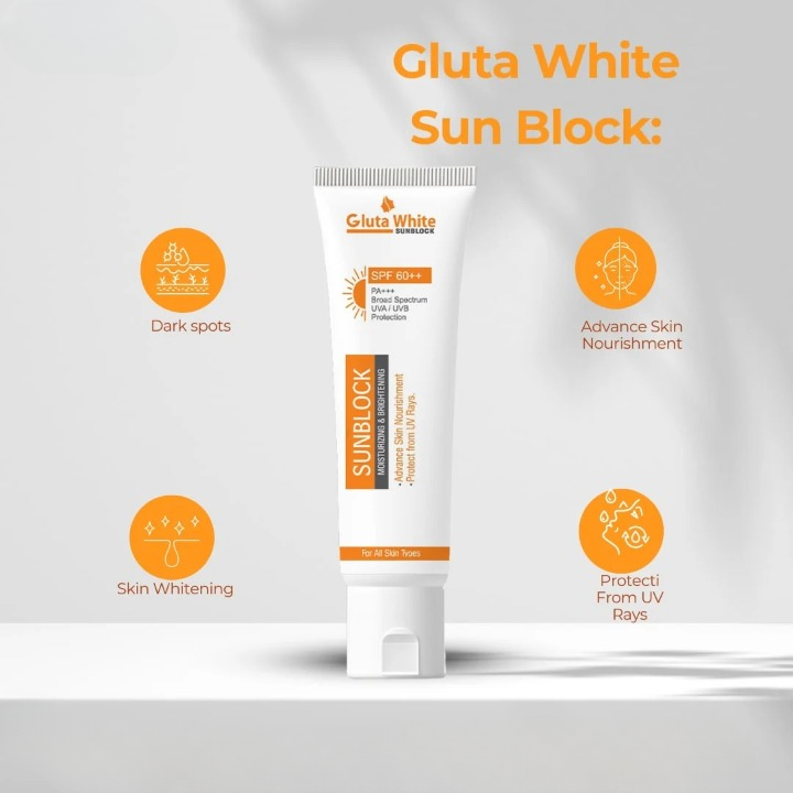 GlutaWhite Sunblock SPF 60+ – Moisturizing & Brightening UV Protection – 65gm for All Skin Types