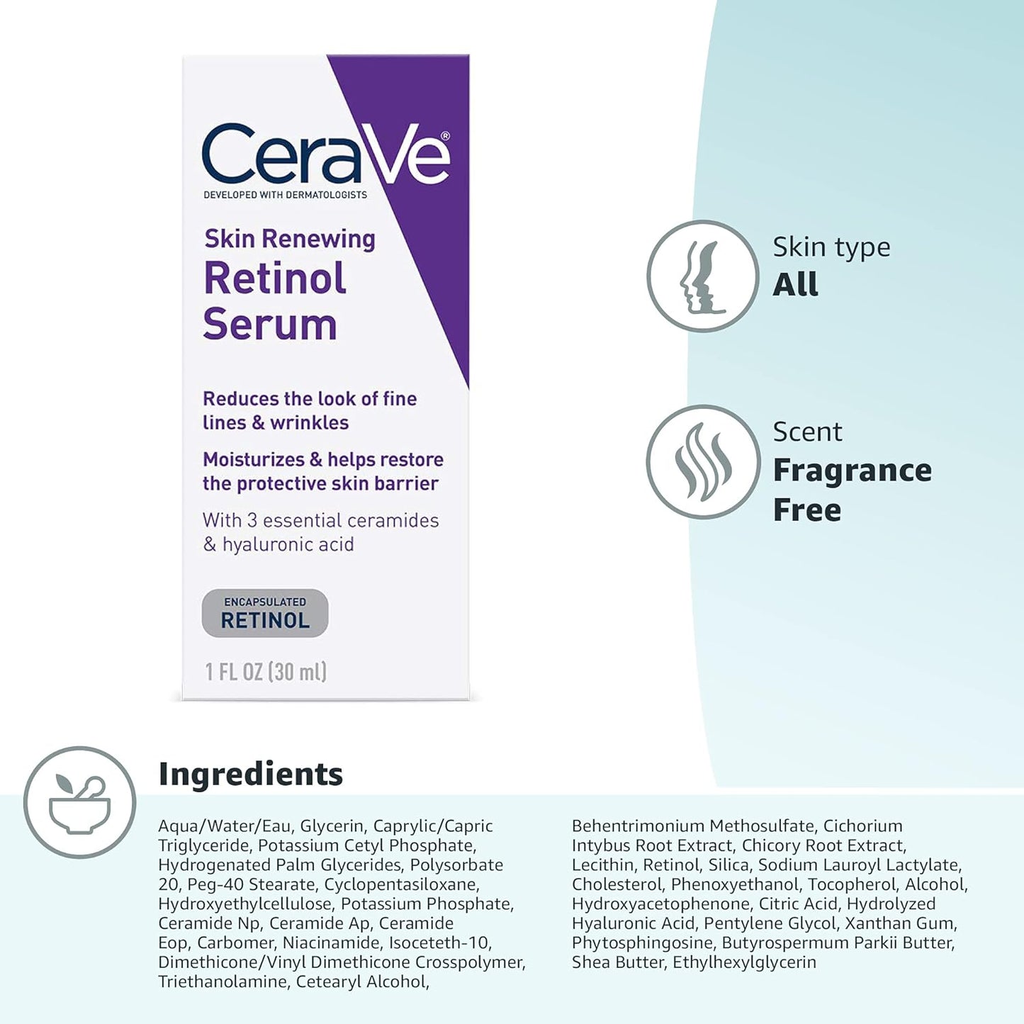 CeraVe, Skin Renewing Retinol Serum, (30 ml) lCeraVe Skin Renewing Serum with Retinol – Anti-Aging & Smoothing Formula(30 ml)