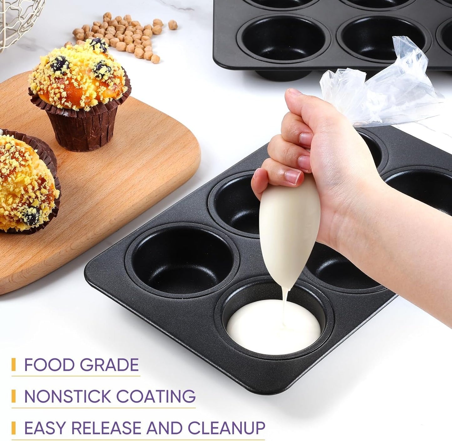 6-Cup Muffin Pan – Non-Stick Carbon Steel Cupcake Baking Tray | Heavy Duty Standard Bakeware for Muffins, Cakes, Mini Pies & More