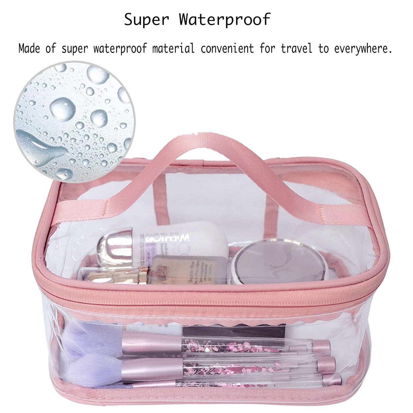 Large Transparent Makeup Bag – Waterproof Cosmetic Organizer & Travel Brush Pouch for Women (Pink)