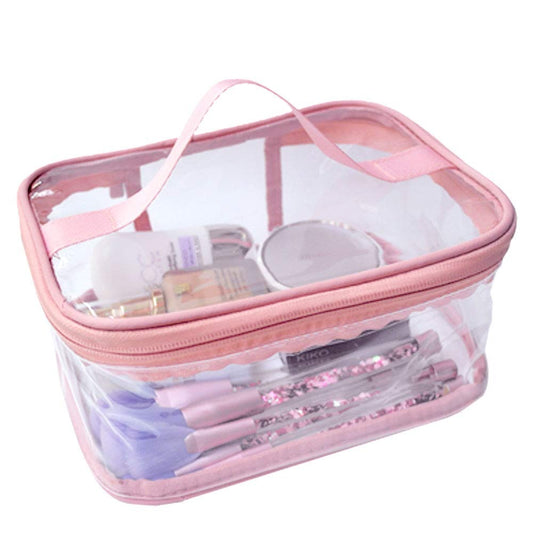 Large Transparent Makeup Bag – Waterproof Cosmetic Organizer & Travel Brush Pouch for Women (Pink)
